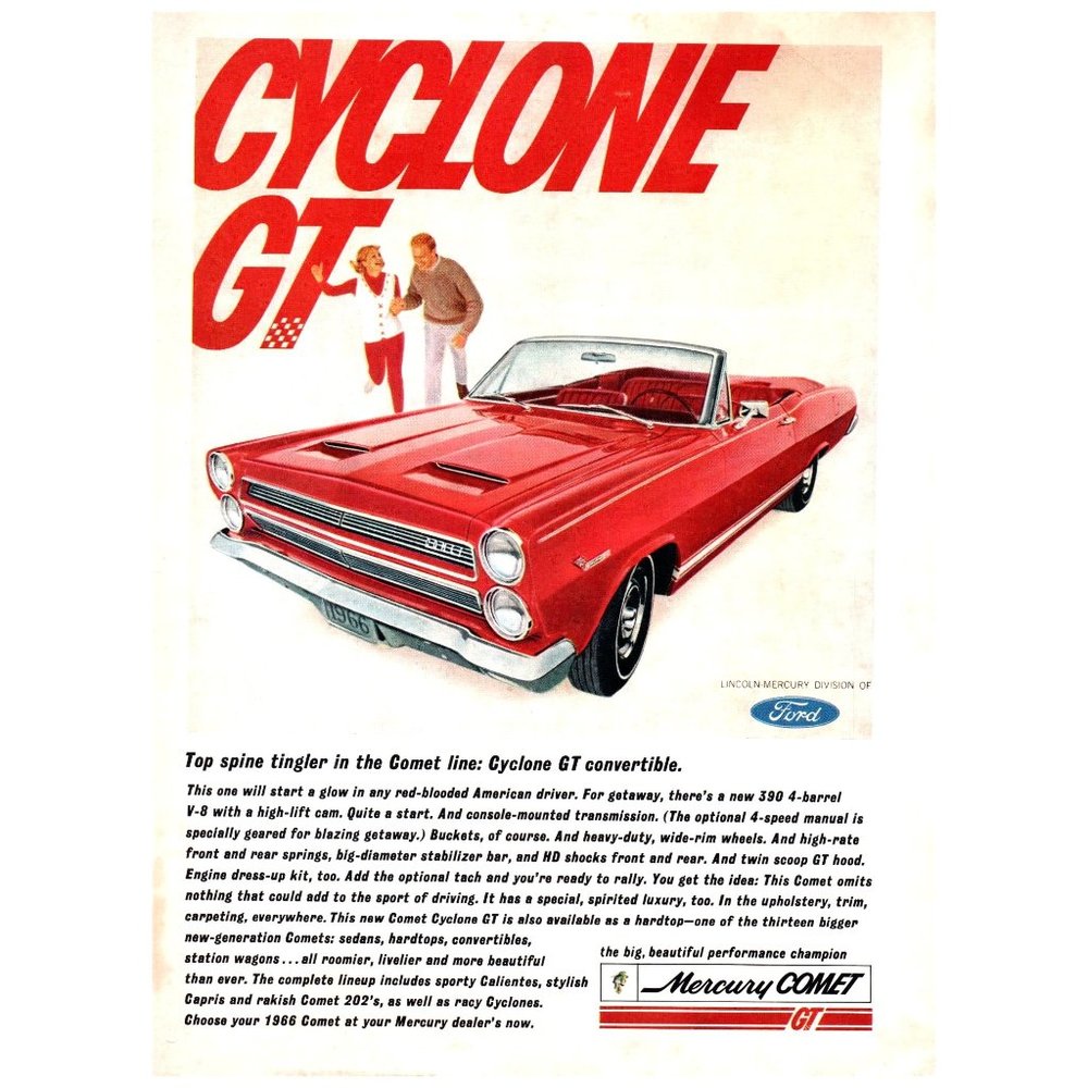 1966 Mercury Comet Cyclone GT Convertible Twin Scoop Full Color VIntage Print Ad